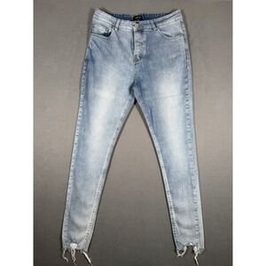 boohooMAN Mens Frayed Raw Hem Skinny Denim Jeans Light Wash Faded Blue 36x32